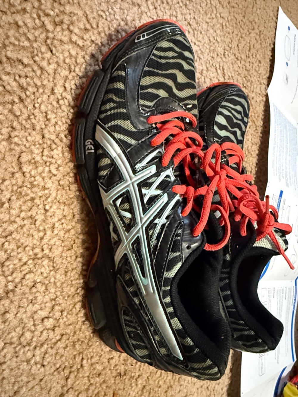 Asics Black and Tan Zebra-Pattern Running Sneakers with Red Laces